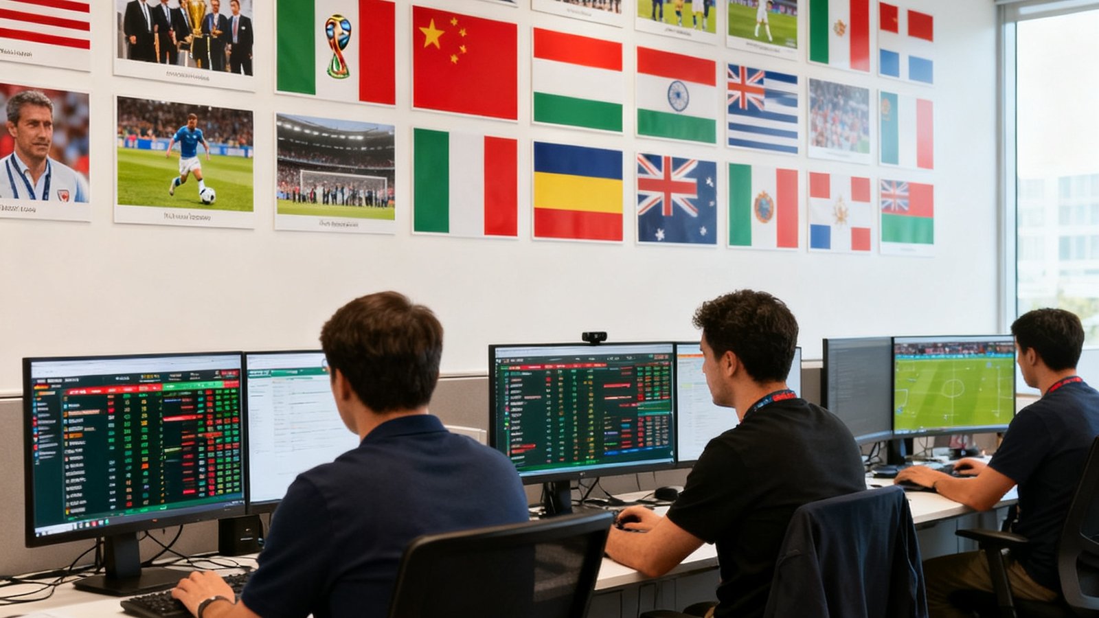 世界杯比分网总部办公室墙壁上贴满各国国旗和经典比赛照片，员工在电脑前调取数据