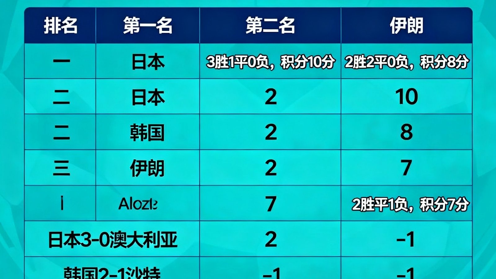 2026世界杯预选赛亚洲区积分榜，日本、韩国、伊朗位列前三，多场比分已更新